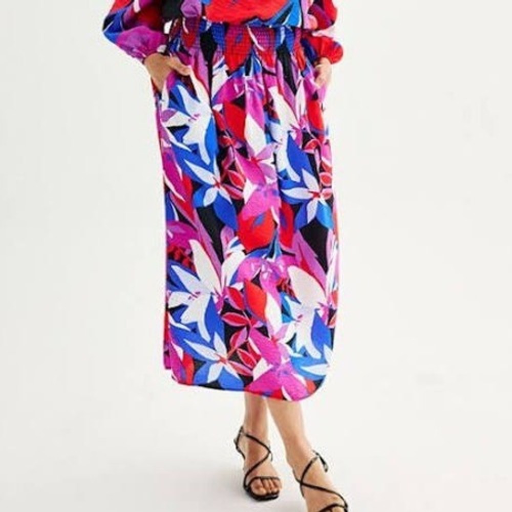 Womens Floral Maxi Skirt‎ XL Blue Purple Smocked Waist Pockets Tropical Festive